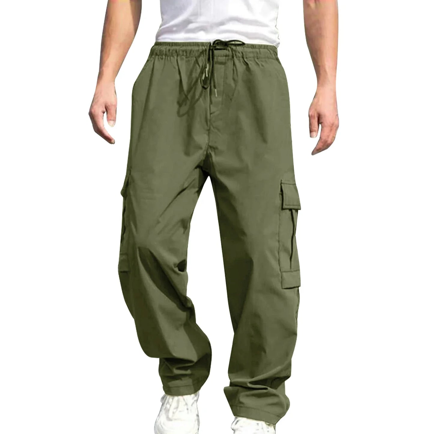 Men’s Loose Cargo Pants – Solid Color Drawstring Waist, Straight Leg Casual Work Trousers with Pockets
