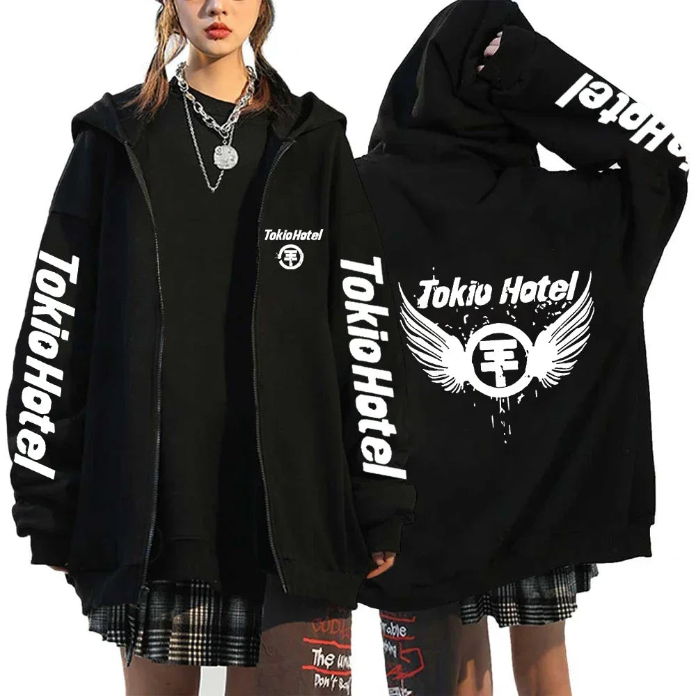 Tokio Hotel Hoodie – Unisex Harajuku Zip Up Jacket, Oversized Streetwear Sweatshirt, Fashionable Long Sleeve Zipper Hoodie for Men & Women