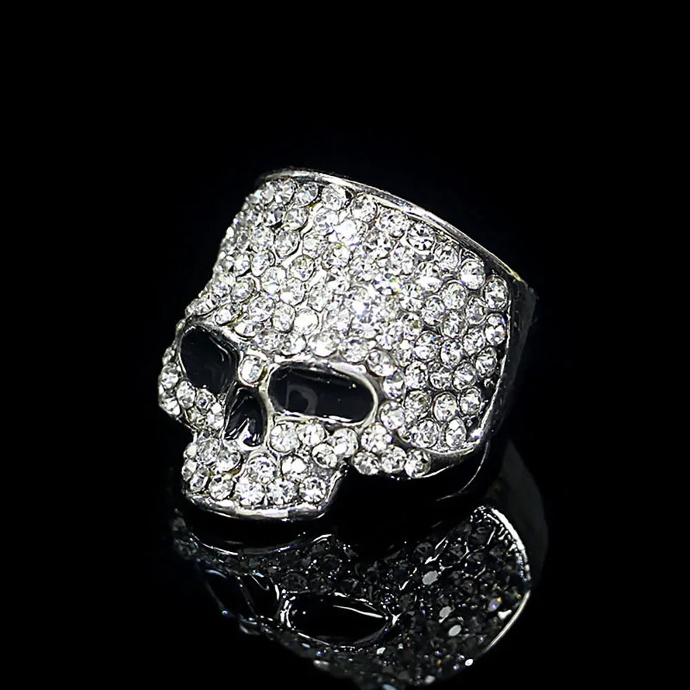FishSheep Men's Punk Hip-Hop Austrian Crystal Skull Ring | Rhinestone Biker Ring | Fashionable Skeleton Jewelry for Rock Style and Parties