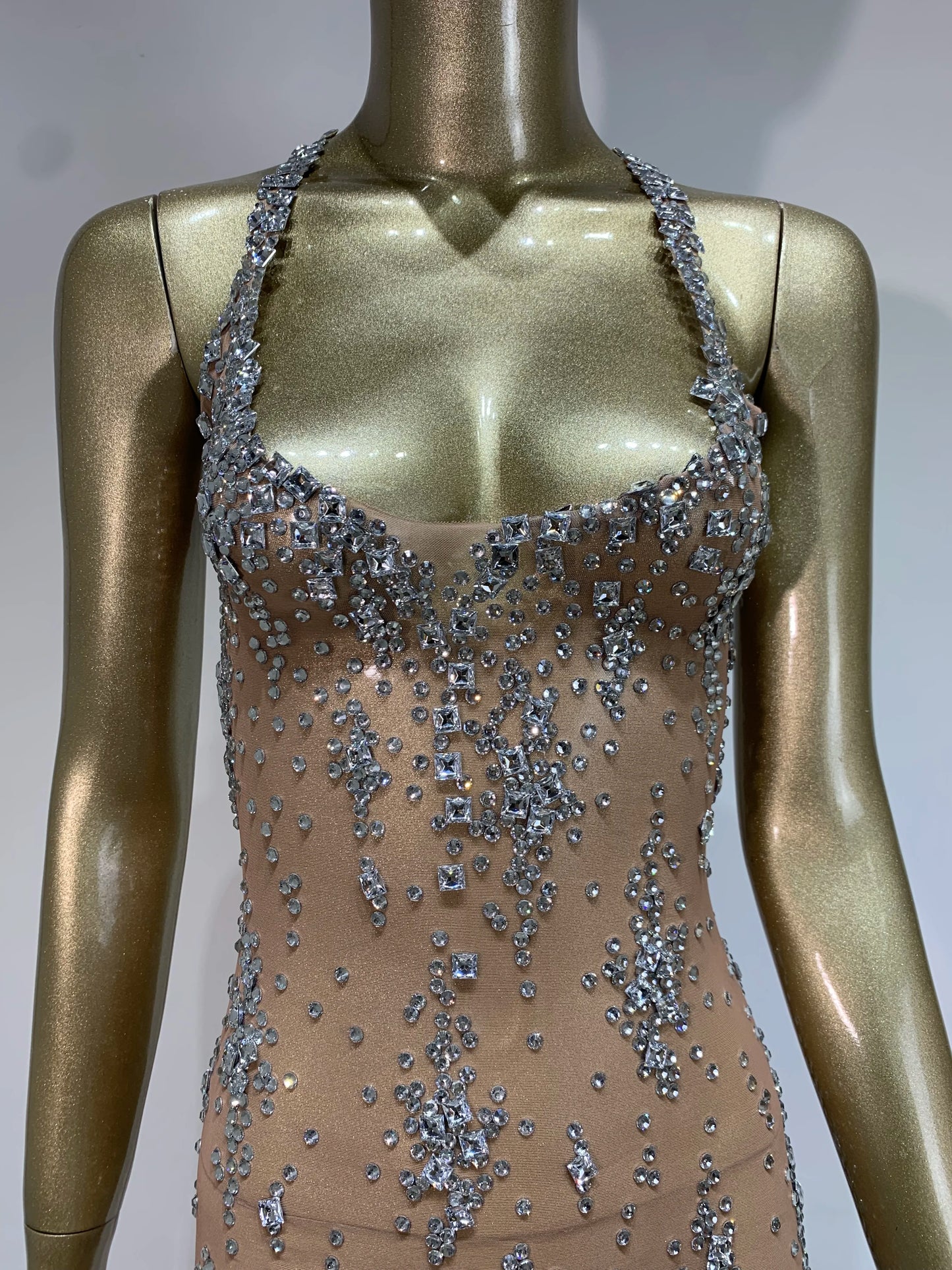 Women's Sparkly Rhinestone Mesh Evening Dress – Sexy Sheer V-Neck Celebrity Birthday Gown