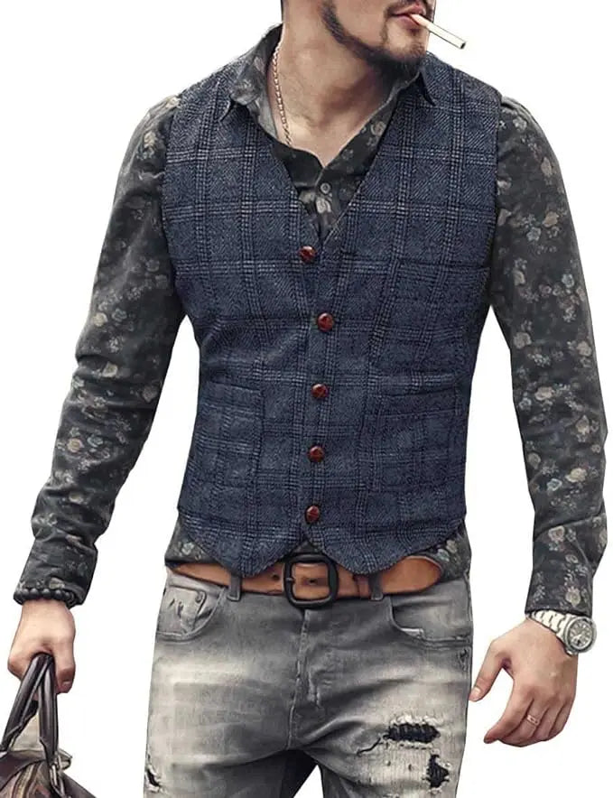 Men’s Vintage Tweed Plaid Vest – Classic Slim Fit Waistcoat for Weddings & Business