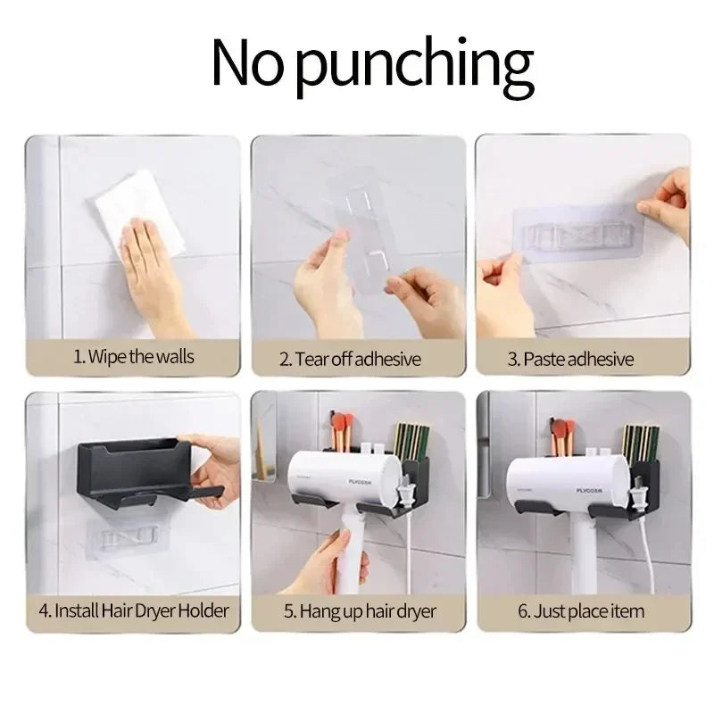 Hands-Free Hair Hero – Wall-Mounted Hair Dryer & Straightener Organizer With No-Drill Magic Grip (Black/White)