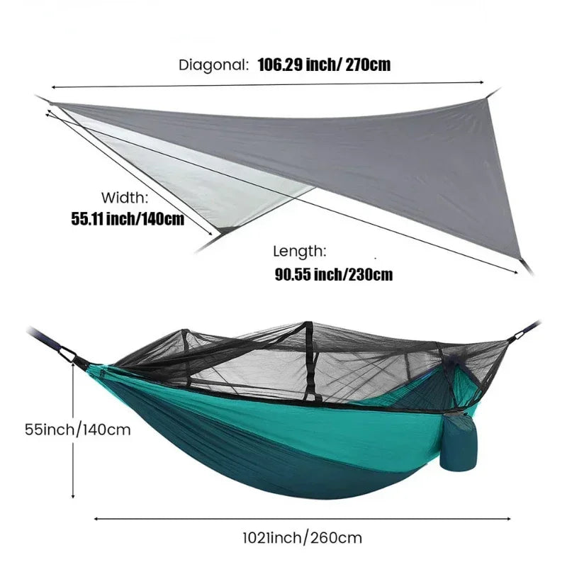 AdventureNest 2-Person Camping Hammock Set – 260x140cm Parachute Hammock with Mosquito Net & Rain Fly Tarp – Ultralight Outdoor Hammock for Travel, Hiking, Backpacking