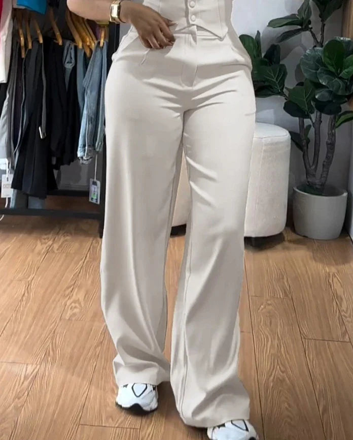 CHAXIAOA “Double Trouble Chic Set” – 2025 Spring/Summer 2-Piece Hollow Out Tank + Wide-Leg Power Pants Combo