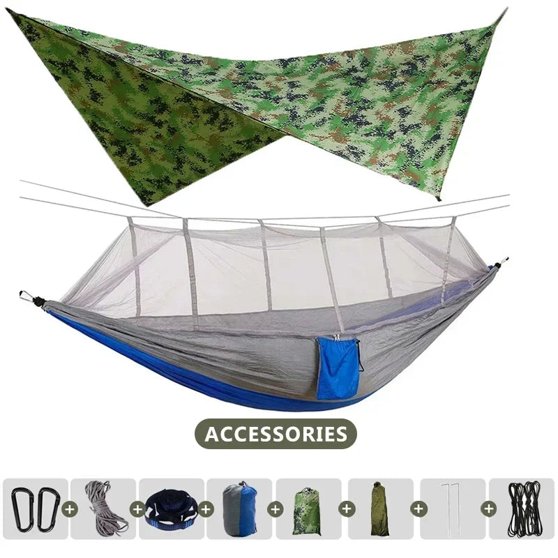 AdventureNest 2-Person Camping Hammock Set – 260x140cm Parachute Hammock with Mosquito Net & Rain Fly Tarp – Ultralight Outdoor Hammock for Travel, Hiking, Backpacking