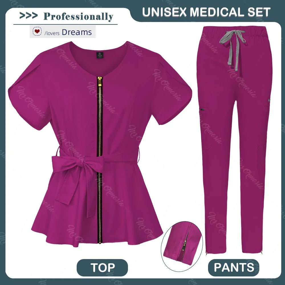 Unisex Medical Scrub Set | Fashionable & Breathable Beauty Salon & Nurse Uniform | Zipper Lapel Design