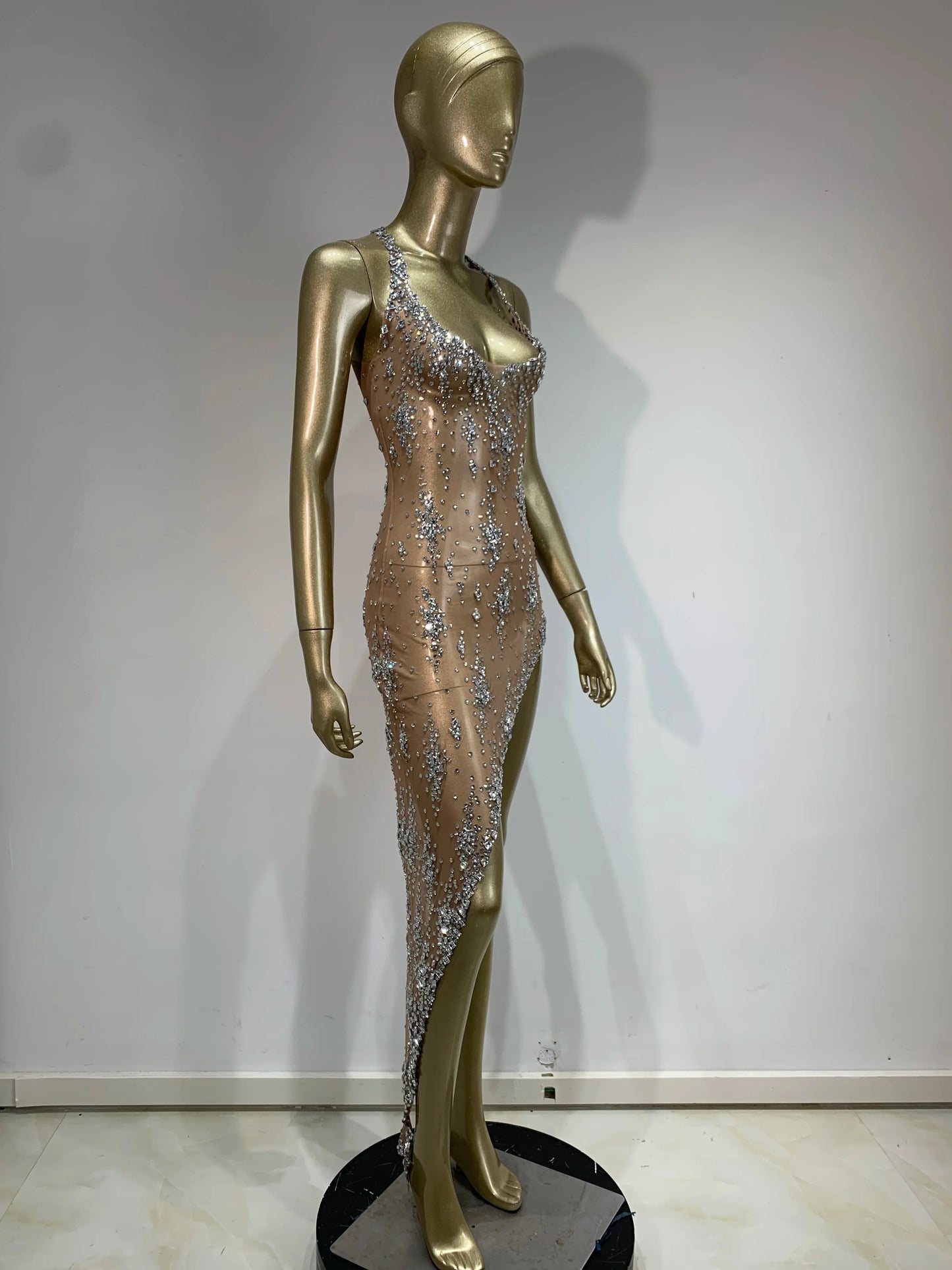 Women's Sparkly Rhinestone Mesh Evening Dress – Sexy Sheer V-Neck Celebrity Birthday Gown