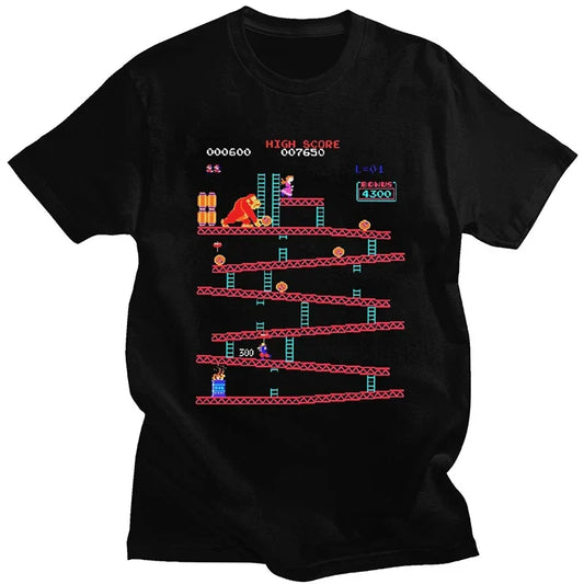 Donkey Kong Vintage Arcade Game T-Shirt – Retro Collage Cotton Tee for Men | Oversized Streetwear Shirt, Short Sleeve Fun Graphic Tee
