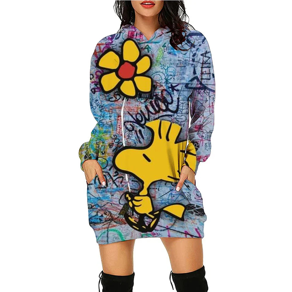 Snoopy Women’s Hoodie Dress – Y2K Streetwear 3D Cartoon Pullover Winter Fashion