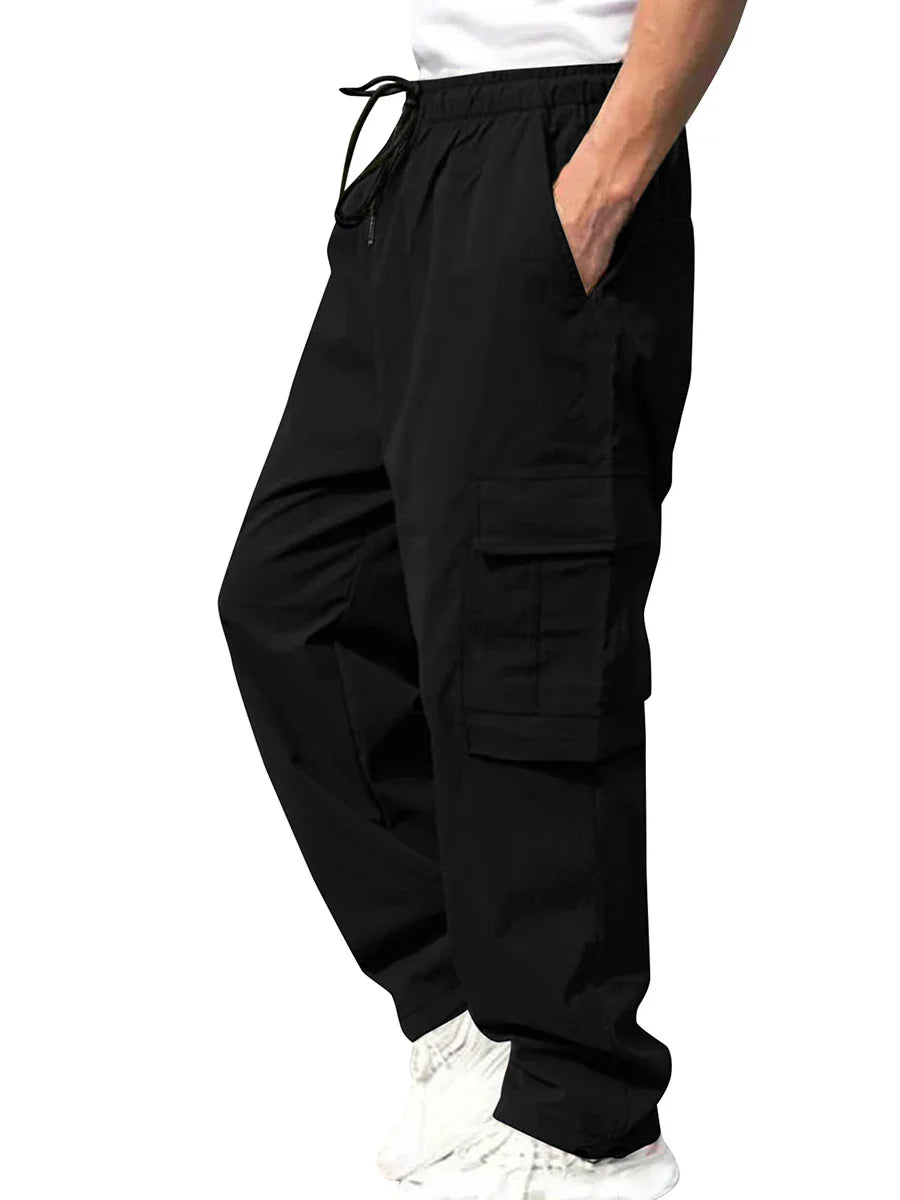 Men’s Loose Cargo Pants – Solid Color Drawstring Waist, Straight Leg Casual Work Trousers with Pockets