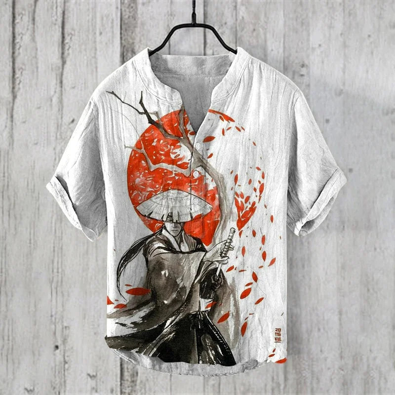Japanese Water Monster Linen Shirt – Men's Summer Giant Kaiju Print Hawaiian-Style Short Sleeve