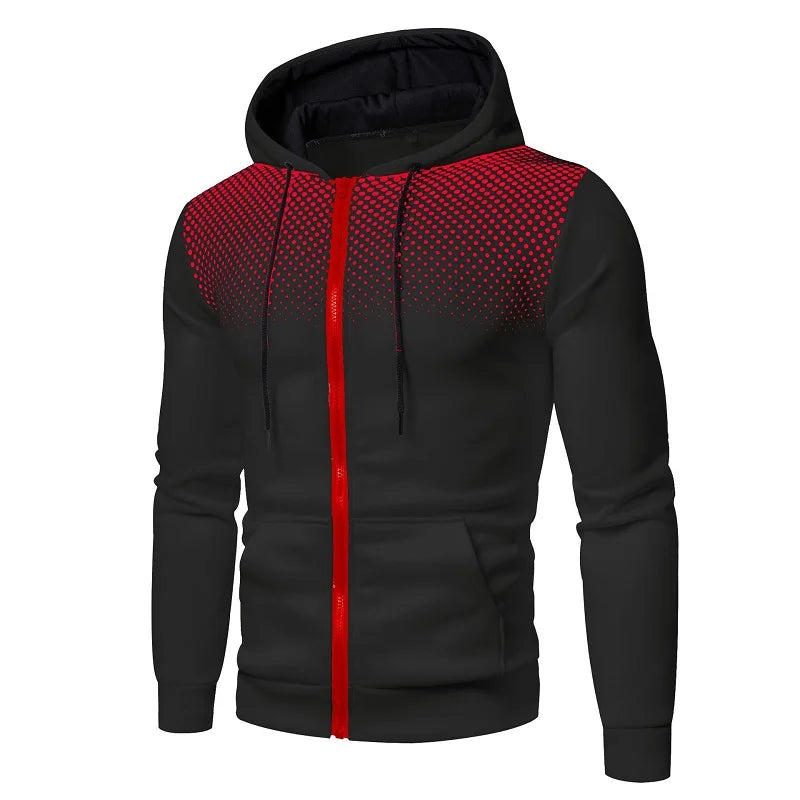 Men's Slim Fit Hoodie with Zipper Pocket – Casual Polka Dot Print Sweatshirt for Autumn & Winter