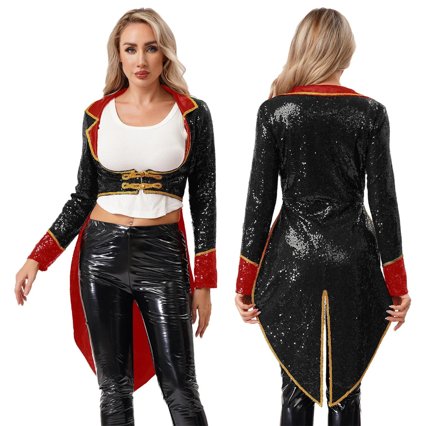 Women’s Circus Ringmaster Sequin Tailcoat Jacket – Magician Cosplay Costume for Halloween and Carnival