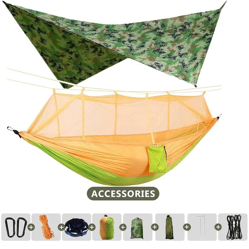 AdventureNest 2-Person Camping Hammock Set – 260x140cm Parachute Hammock with Mosquito Net & Rain Fly Tarp – Ultralight Outdoor Hammock for Travel, Hiking, Backpacking