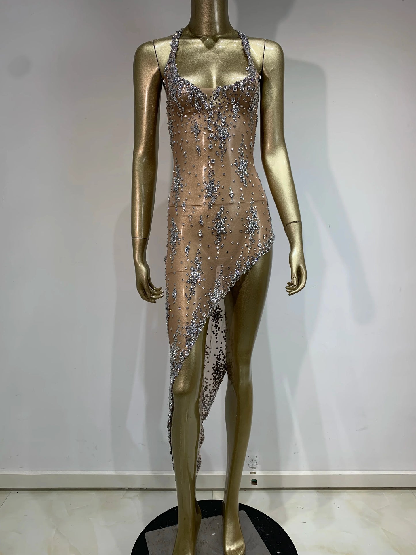 Women's Sparkly Rhinestone Mesh Evening Dress – Sexy Sheer V-Neck Celebrity Birthday Gown