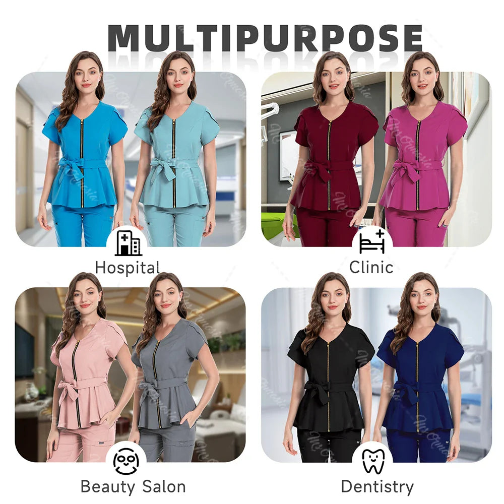 Unisex Medical Scrub Set | Fashionable & Breathable Beauty Salon & Nurse Uniform | Zipper Lapel Design
