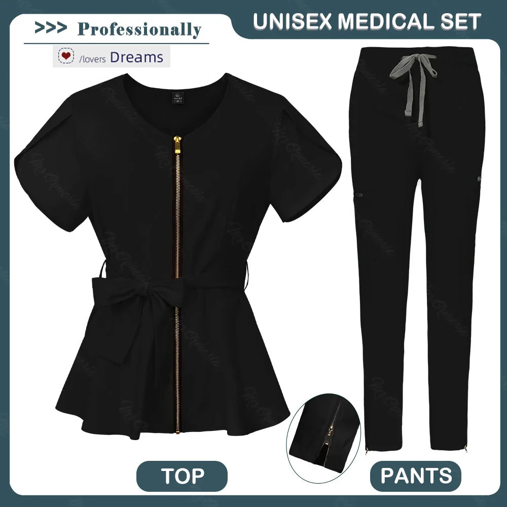 Unisex Medical Scrub Set | Fashionable & Breathable Beauty Salon & Nurse Uniform | Zipper Lapel Design