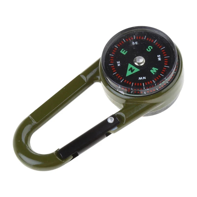 Tactical Survival Tri-Gauge Carabiner — Metal Compass + Thermometer Keychain