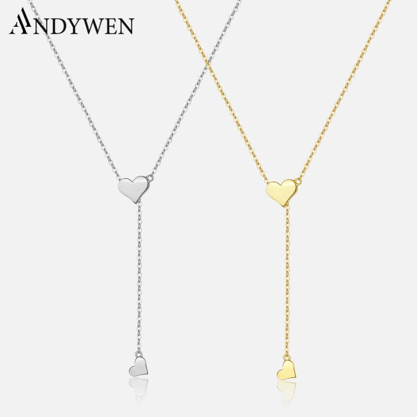 ANDYWEN 925 Sterling Silver Heart Pendant Necklace – Adjustable Snake Chain Charm for Women