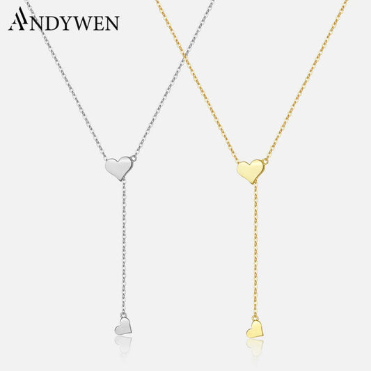 ANDYWEN 925 Sterling Silver Heart Pendant Necklace – Adjustable Snake Chain Charm for Women