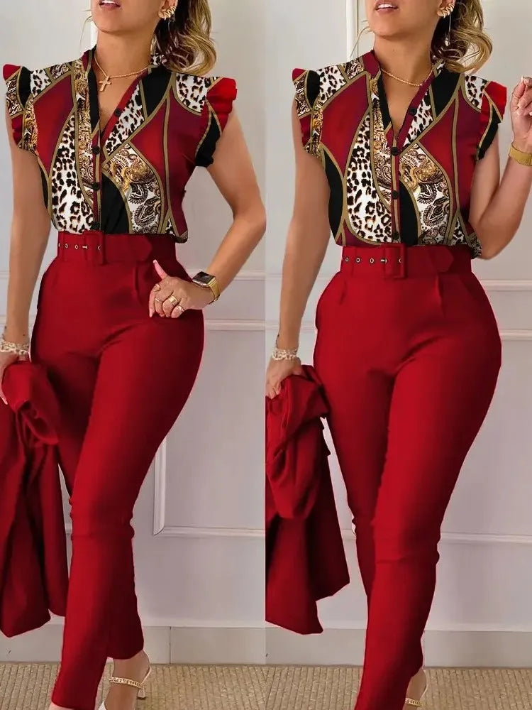 Women's Elegant Floral Slim Two-Piece Set - V-Neck Flying Sleeve Top & High-Waist Pencil Pants with Sash Belt