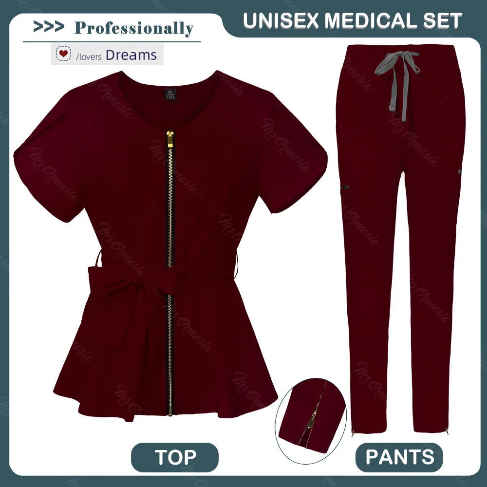 Unisex Medical Scrub Set | Fashionable & Breathable Beauty Salon & Nurse Uniform | Zipper Lapel Design