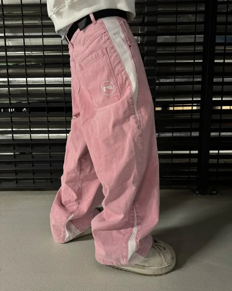 Chaos Stitch Y2K Spliced Wide-Leg Jeans – Street-Grade Embroidery for Rebels & Runaways