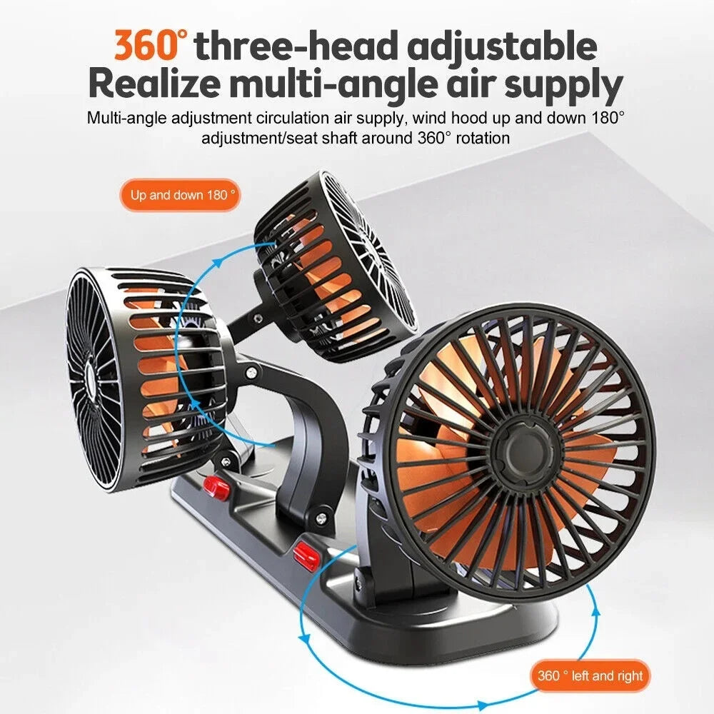 360° Triple-Head Car Fan – USB/12V/24V Adjustable Electric Air Cooler for Cars, Trucks, Desk, and Travel