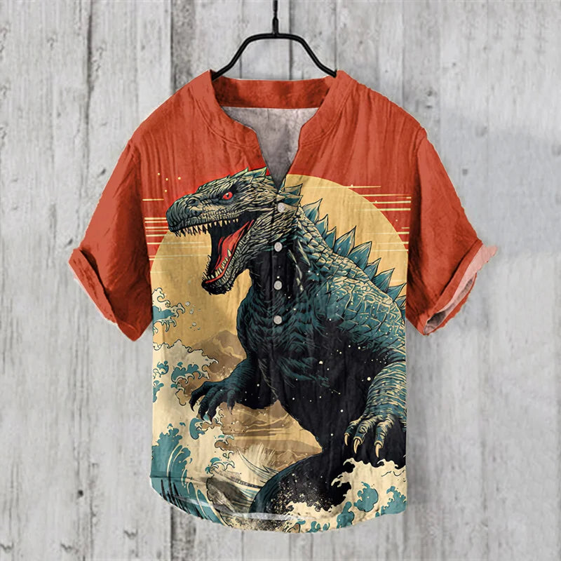 Japanese Water Monster Linen Shirt – Men's Summer Giant Kaiju Print Hawaiian-Style Short Sleeve