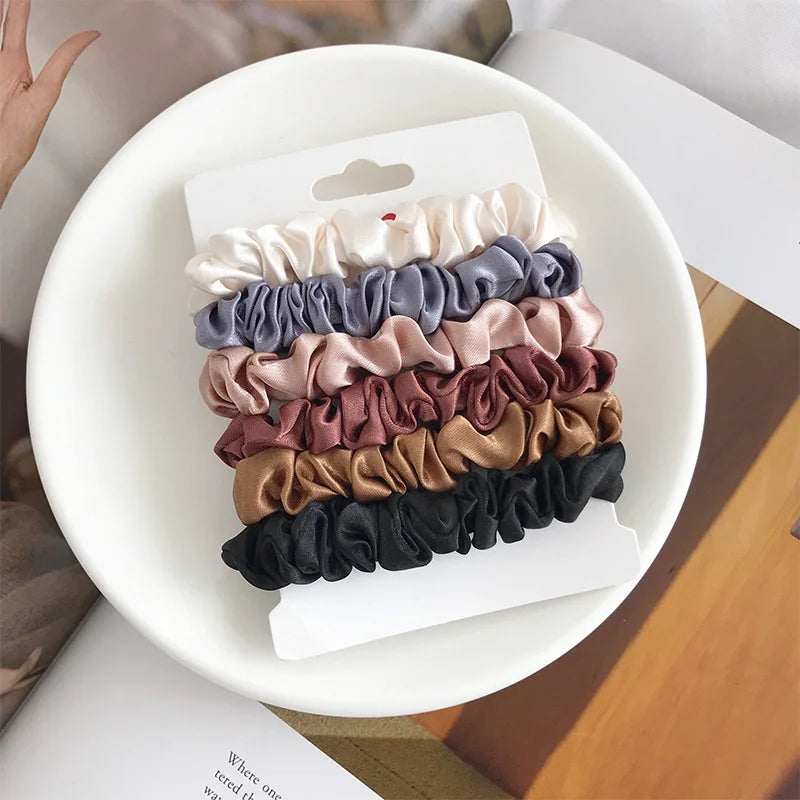 6Pcs Elegant Silk-Feel Hair Scrunchies Set – Minimalist Solid Color Ponytail Bands for Women
