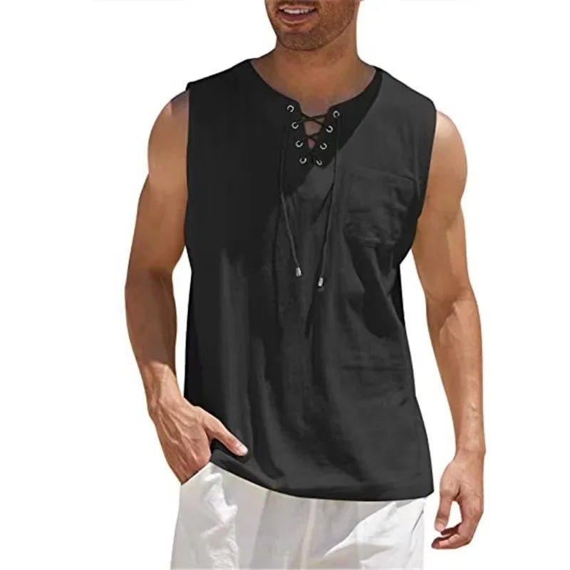 Rogue Linen Lace Up V-Neck Vest Tank For Men