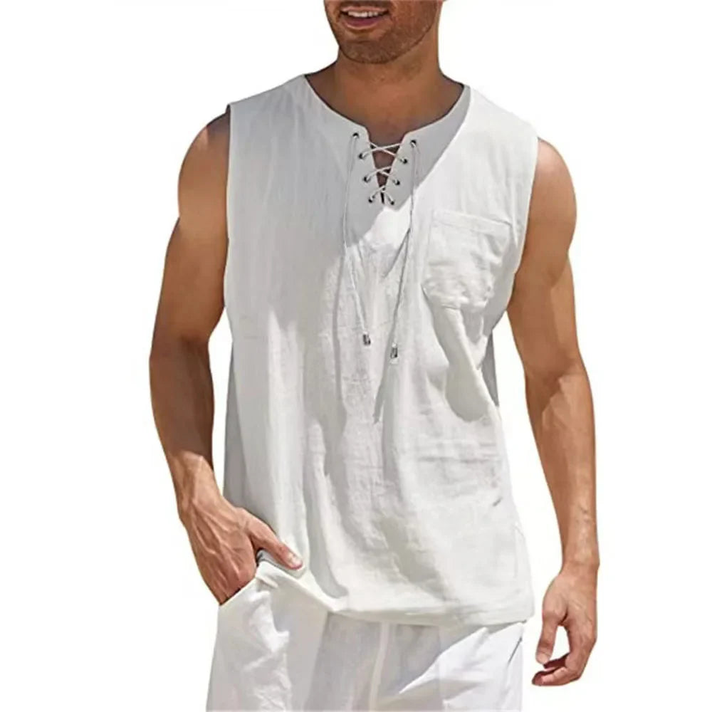 Rogue Linen Lace Up V-Neck Vest Tank For Men