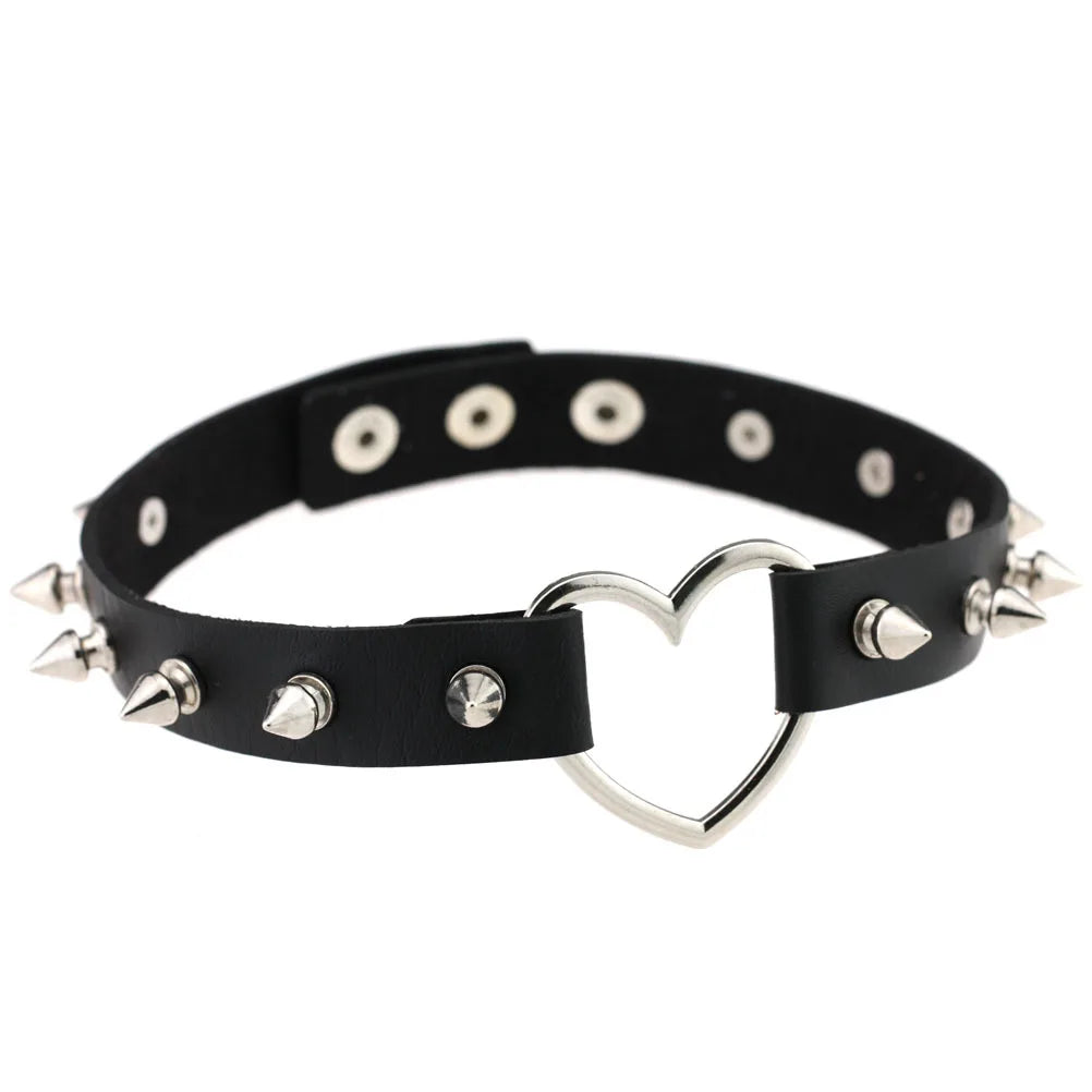 Harajuku Punk Rock Goth Choker - PU Leather Rivet Heart Cross Spike Necklace for Women, Hip Hop Bondage Jewelry