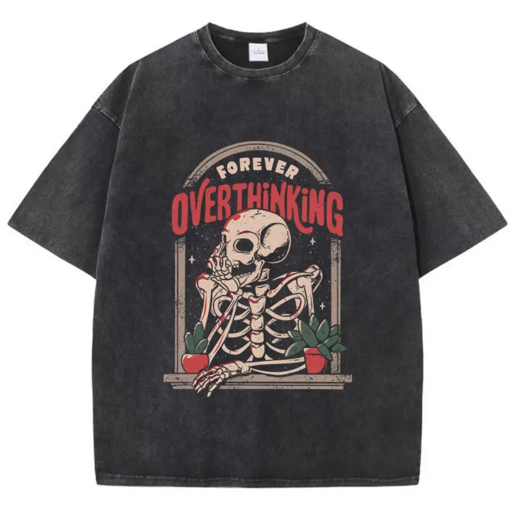 "Deadlines from the Balcony" Oversized Washed Skeleton Graphic Tee – Streetwear Soft Cotton Distressed Metalhead T-Shirt for Women