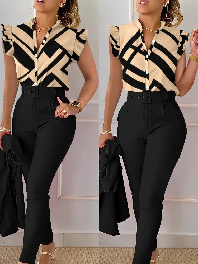 Women's Elegant Floral Slim Two-Piece Set - V-Neck Flying Sleeve Top & High-Waist Pencil Pants with Sash Belt