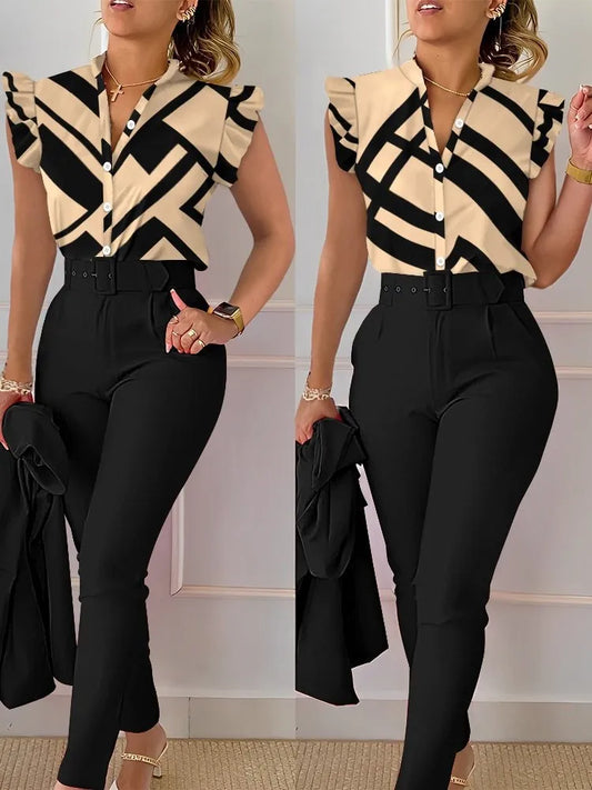Women's Elegant Floral Slim Two-Piece Set - V-Neck Flying Sleeve Top & High-Waist Pencil Pants with Sash Belt