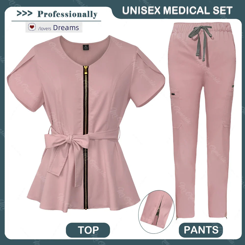 Unisex Medical Scrub Set | Fashionable & Breathable Beauty Salon & Nurse Uniform | Zipper Lapel Design
