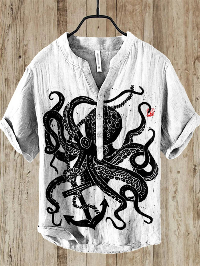 Japanese Water Monster Linen Shirt – Men's Summer Giant Kaiju Print Hawaiian-Style Short Sleeve