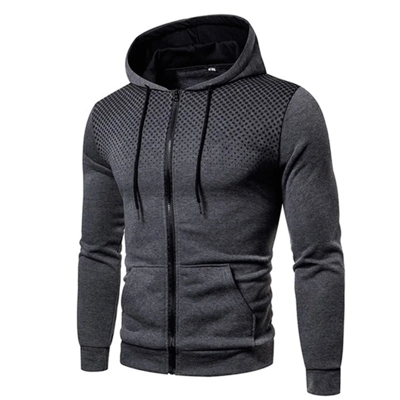 Men's Slim Fit Hoodie with Zipper Pocket – Casual Polka Dot Print Sweatshirt for Autumn & Winter