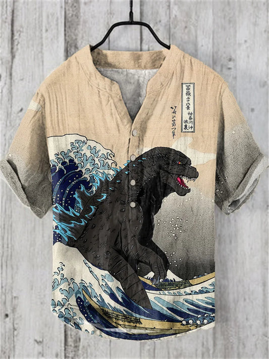 Japanese Water Monster Linen Shirt – Men's Summer Giant Kaiju Print Hawaiian-Style Short Sleeve