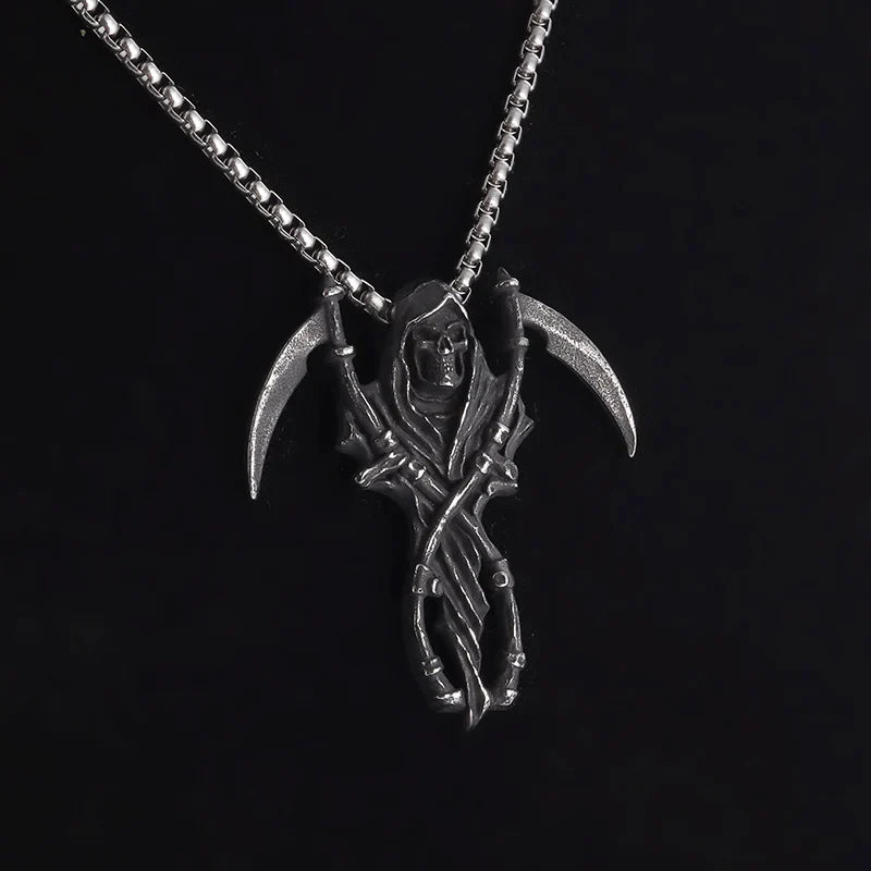 Grim Reaper Scythe Necklace — Hellfire Gothic Pendant for Men & Women, Punk Rock Demon Amulet for Biker & Halloween Vibes