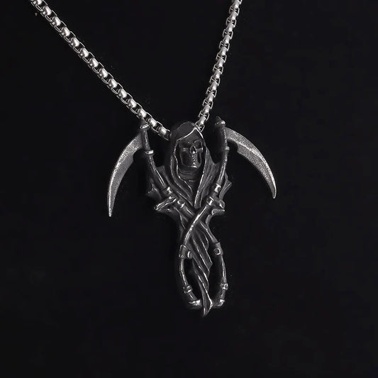 Grim Reaper Scythe Necklace — Hellfire Gothic Pendant for Men & Women, Punk Rock Demon Amulet for Biker & Halloween Vibes