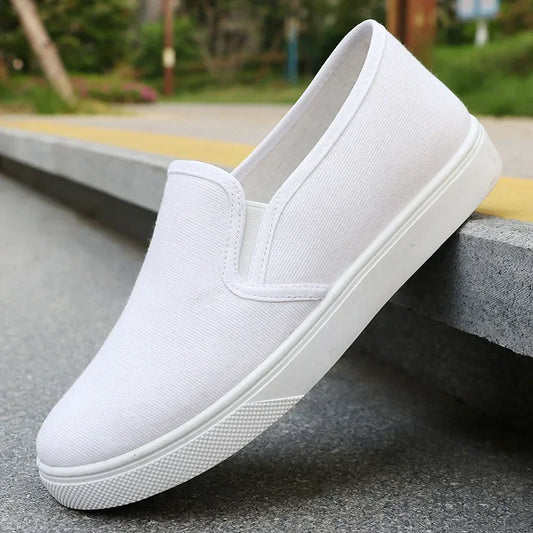 Stage-Dive Slippers – Women’s Breathable White Slip-On Canvas Shoes | Lizard Vigilante Work-To-Gig Flat Cloth Kicks