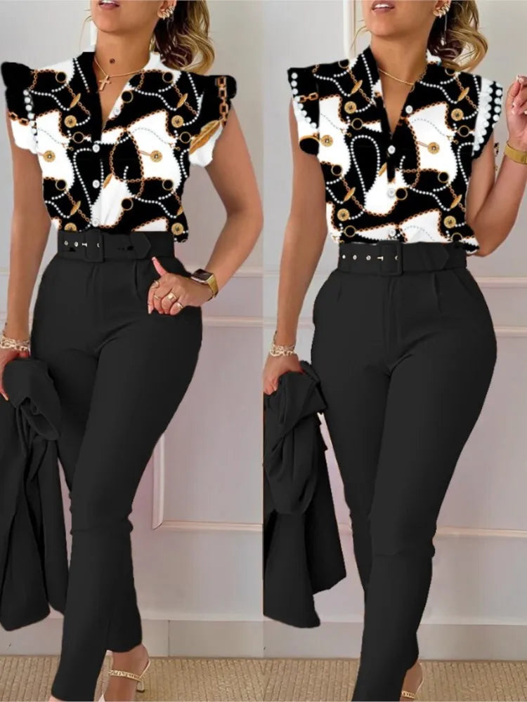 Women's Elegant Floral Slim Two-Piece Set - V-Neck Flying Sleeve Top & High-Waist Pencil Pants with Sash Belt