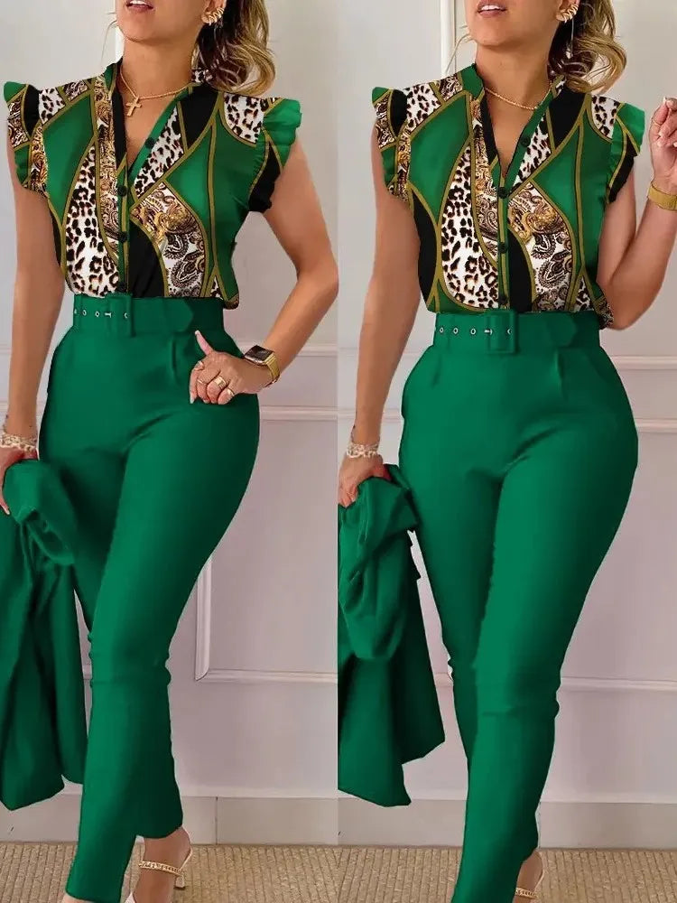 Women's Elegant Floral Slim Two-Piece Set - V-Neck Flying Sleeve Top & High-Waist Pencil Pants with Sash Belt