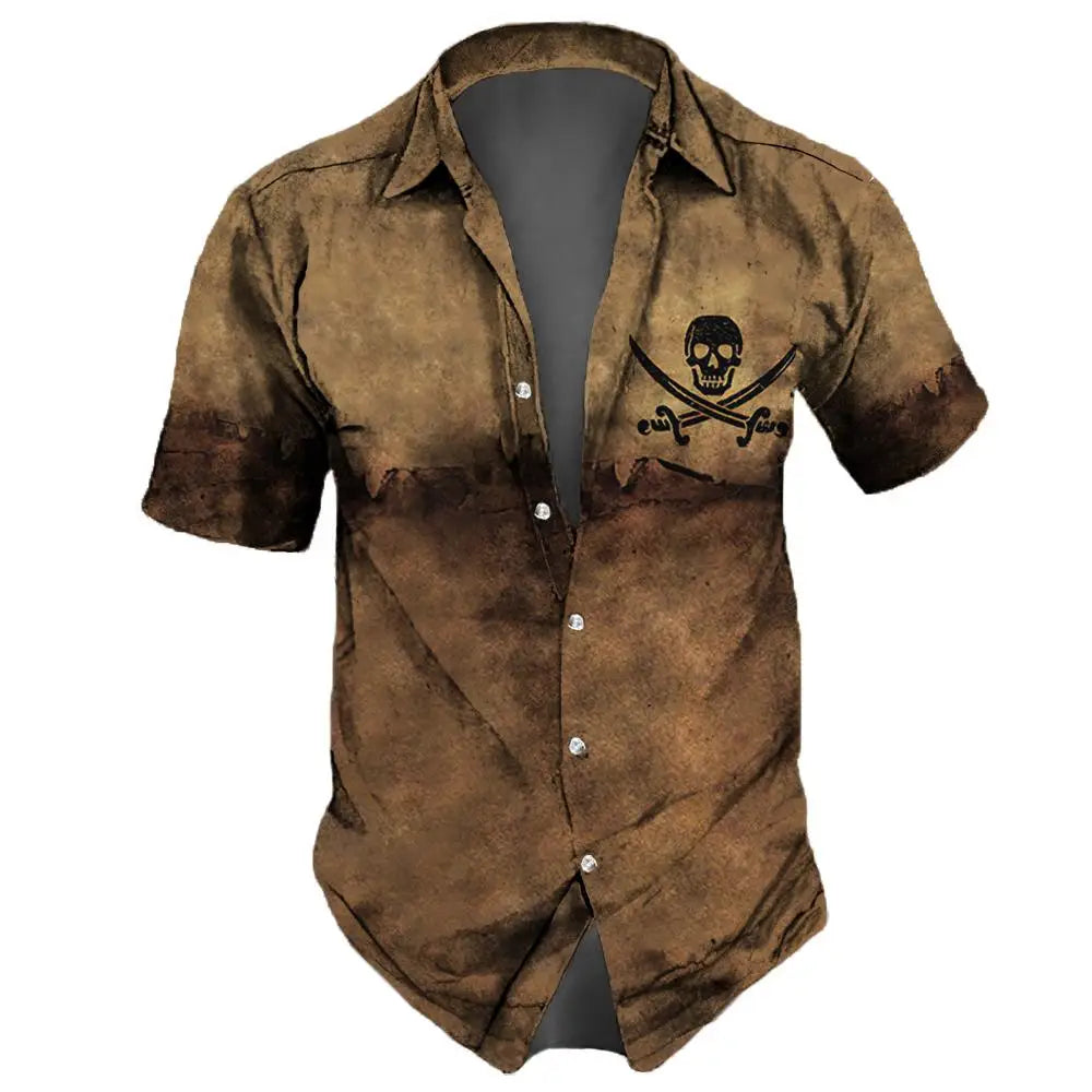 2025 Skull Print Hawaiian Streetwear Shirt Men’s Vintage Lapel Short Sleeve Summer Party Top