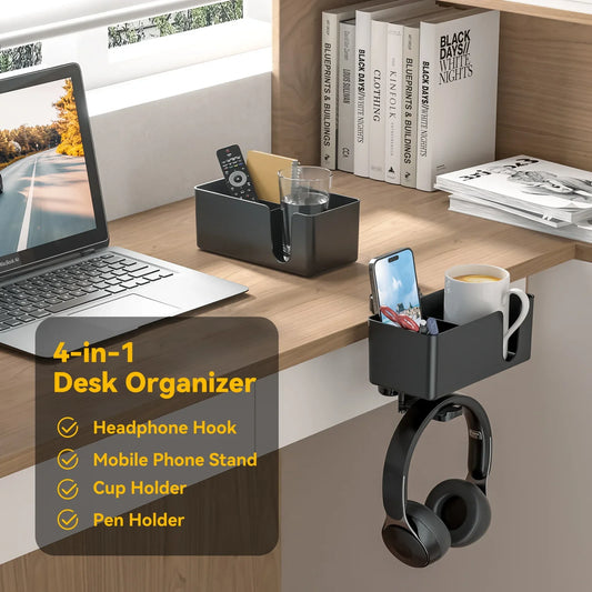 4-in-1 Desk Headphone Hanger Clamp, Rotating Storage with Cup Holder & Pen Holder – Under Desk Organizer for Gaming, Office, and Home Use
