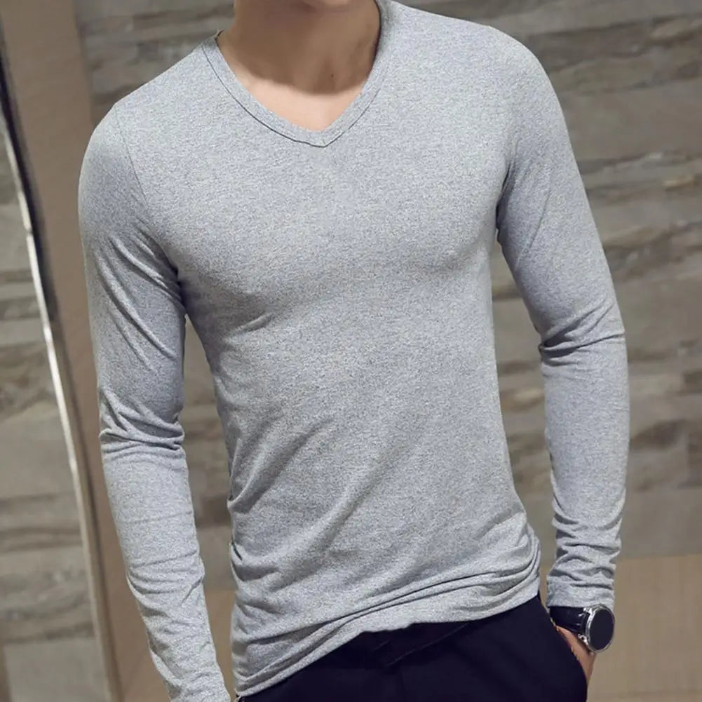 Men's Sports Gym Long Sleeve Slim Fit V-Neck T-Shirt – Solid Color Casual Fitness Base Shirt for Autumn & Winter