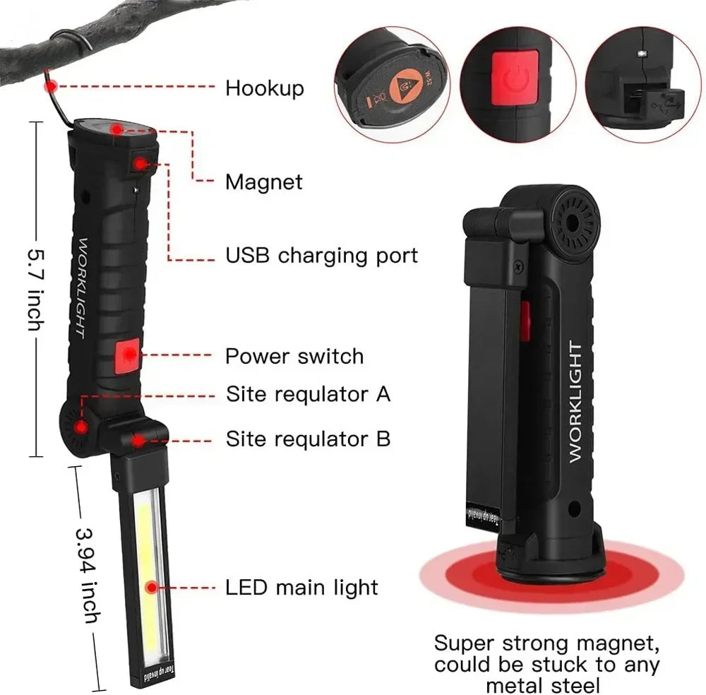 “Grip & Glow Pro” Magnetic COB LED Work Light – Pocket Torch Meets Power Bank