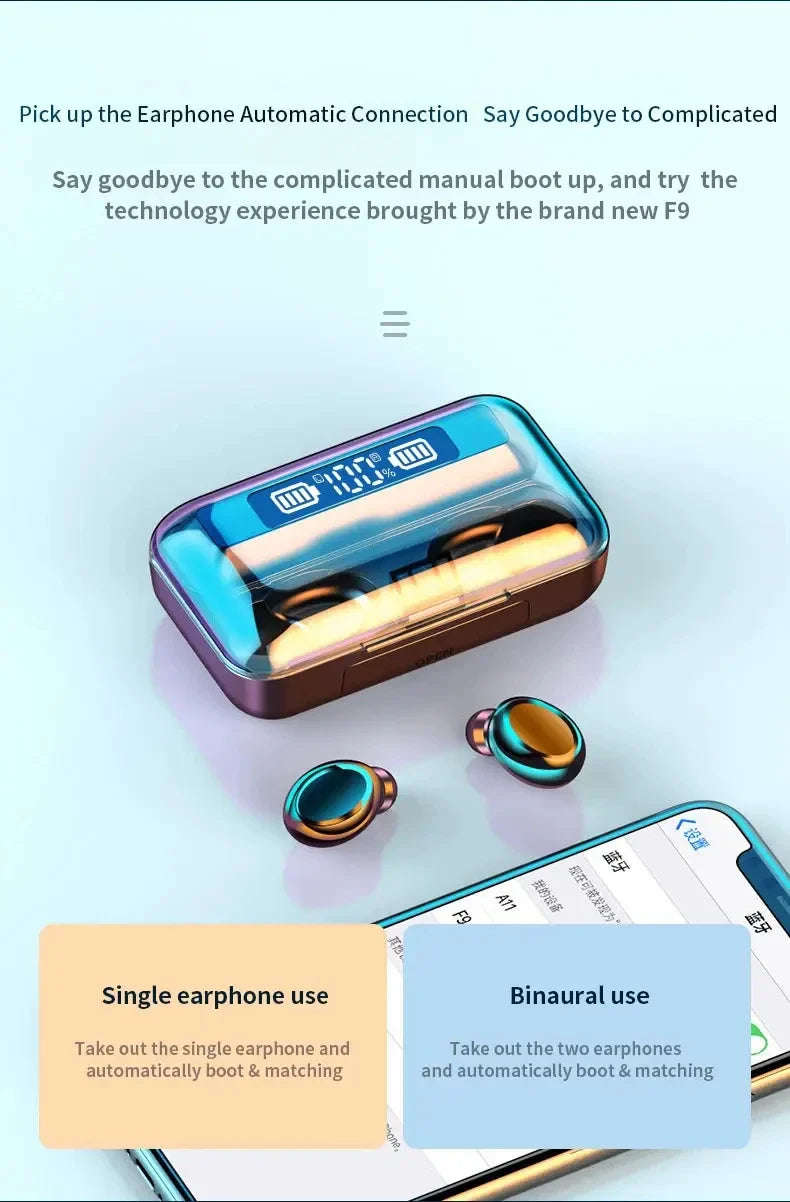 F9 PulsePods – Waterproof HiFi Bass Earbuds with LED Charge Display + Power Bank Case | Bluetooth 5.0, Touch Control, Noise-Canceling